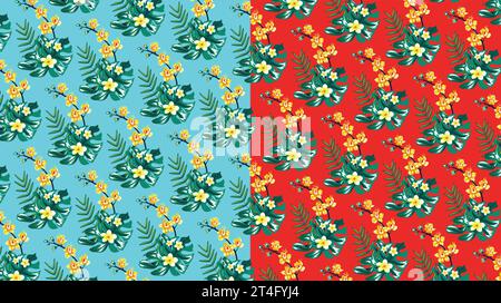 Motivi tropicali con fiori tropicali. Su sfondo rosso e turchese. Illustrazione Vettoriale