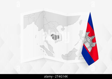 Una mappa in scala di grigi della Cambogia con una bandiera cambogiana appesa su un lato. Mappa vettoriale per molti tipi di notizie. Illustrazione vettoriale. Illustrazione Vettoriale