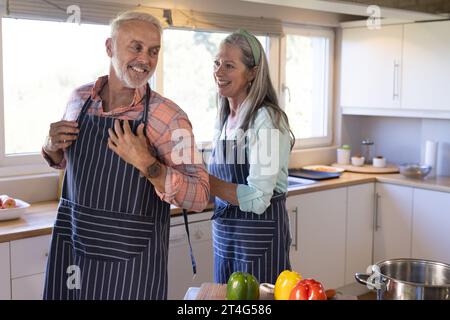 Felice coppia caucasica anziana che indossa il grembiule in cucina a casa Foto Stock
