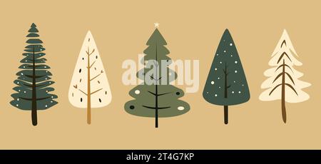 Collezione di alberi di Natale disegnati a mano. Illustrazione vettoriale colorata in stile cartone animato piatto Illustrazione Vettoriale