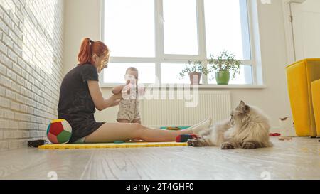 La madre e il suo bambino giocano con i giocattoli sul pavimento - gatto soffice seduto vicino a loro Foto Stock