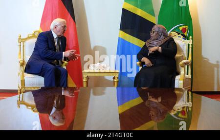 Daressalam, Tanzania. 31 ottobre 2023. Il presidente tedesco Frank-Walter Steinmeier (l) e Samia Suluhu Hassan, presidente della Tanzania, si incontrano per un colloquio alla State House. Il Presidente Steinmeier è in visita nei paesi dell'Africa orientale della Tanzania e dello Zambia questa settimana. Crediti: Bernd von Jutrczenka/dpa/Alamy Live News Foto Stock