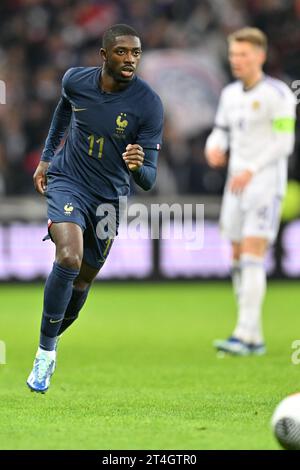 Ousmane Dembele (11) di Francia, raffigurato durante una partita di calcio tra le squadre nazionali di Francia e Scozia in amichevole, il 17 ottobre 2023 a Lille, in Francia. (Foto di David Catry / Sportpix) Foto Stock