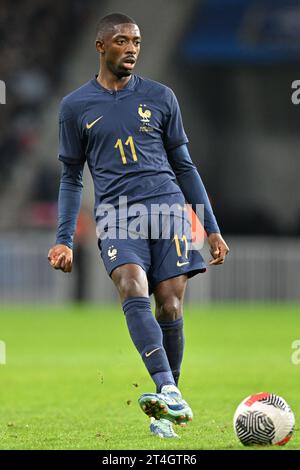 Ousmane Dembele (11) di Francia, raffigurato durante una partita di calcio tra le squadre nazionali di Francia e Scozia in amichevole, il 17 ottobre 2023 a Lille, in Francia. (Foto di David Catry / Sportpix) Foto Stock