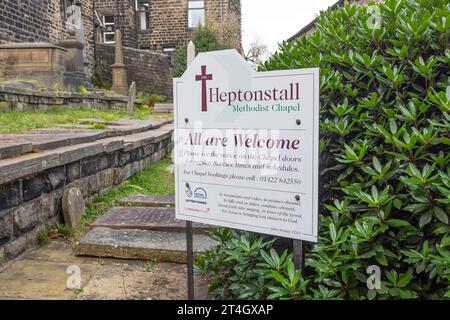 Il cartello Welcome to Heptonstall Chapel Foto Stock