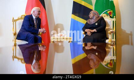 Daressalam, Tanzania. 31 ottobre 2023. Il presidente tedesco Frank-Walter Steinmeier (l) e Samia Suluhu Hassan, presidente della Tanzania, si incontrano per un colloquio alla State House. Il Presidente Steinmeier è in visita nei paesi dell'Africa orientale della Tanzania e dello Zambia questa settimana. Crediti: Bernd von Jutrczenka/dpa/Alamy Live News Foto Stock