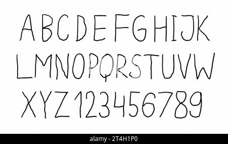 Scrivi caratteri alfabetici latini abc e caratteri alfabetici da 0 a 9 in maiuscolo. Illustrazione vettoriale in stile doodle scritto a mano isolato su wh Illustrazione Vettoriale