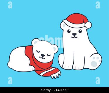 Simpatici cuccioli di orso polare bianco cartoni animati in cappello e sciarpa invernali, striscione natalizio stagionale. Semplice illustrazione della clip art vettoriale. Illustrazione Vettoriale