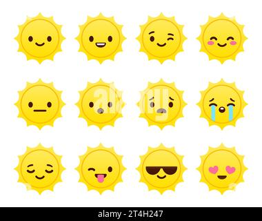 Carino set di emoticon: Adorabile faccia da sole dei cartoni animati con emozioni diverse. Illustrazione emoji vettoriale piatta. Illustrazione Vettoriale
