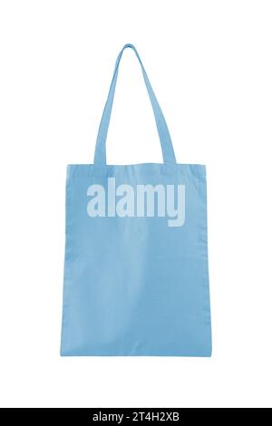 Tessuto in cotone, sacco in lino, borsa tote isolata su sfondo bianco. Shopping bag blu riutilizzabile, mockup, modello per design, spazio per copia Foto Stock