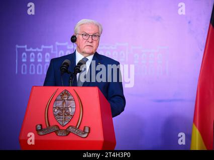 Daressalam, Tanzania. 31 ottobre 2023. Il presidente tedesco Frank-Walter Steinmeier parla ad una conferenza stampa congiunta con il presidente della Tanzania dopo i loro colloqui alla State House. Il Presidente Steinmeier è in visita nei paesi dell'Africa orientale della Tanzania e dello Zambia questa settimana. Crediti: Bernd von Jutrczenka/dpa/Alamy Live News Foto Stock