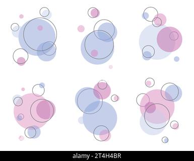 Un set di bolle di sapone piatte e brillanti con una linea, illustrazione volumetrica, colori carini, design piatto. Schiuma di sapone, bevanda gassata, pittogramma a bolle d'ossigeno Illustrazione Vettoriale