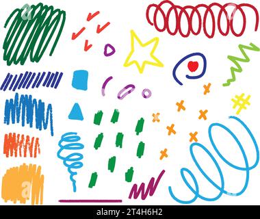 set di scarabocchi disegnati a mano per bambini, vettoriali, elementi per il design, creatività per bambini, colori brillanti Illustrazione Vettoriale