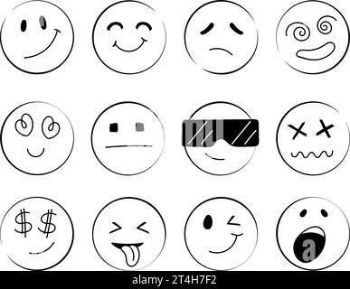 Set di icone del volto di Doodle Emoji. Facce arrotondate. Emoji con diversi umori emotivi, faccia felice, triste e sorridente. Illustrazione vettoriale dei fumetti. Illustrazione Vettoriale