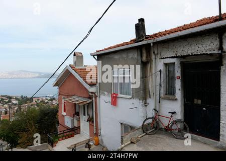 Isole dei principi, Istanbul, Türkiye. Heybeliada è la seconda più grande delle isole dei principi nel Mare di Marmara. Bandiera turca su una casa Foto Stock
