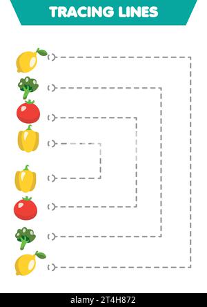 Pratica di calligrafia delle verdure. Disegno delle linee per i bambini in età prescolare. Illustrazione Vettoriale