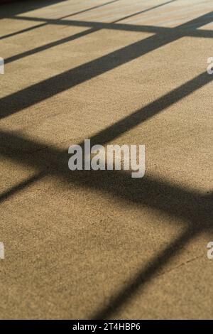tappeto con linee astratte sulla superficie, luce solare sul tappeto, silhouette e ombre sul pavimento Foto Stock
