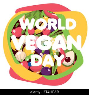 Poster per social network, giornata vegana, vita sana, grafica vettoriale in stile piatto Illustrazione Vettoriale