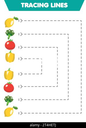 Pratica di calligrafia delle verdure. Disegno delle linee per i bambini in età prescolare. Illustrazione Vettoriale
