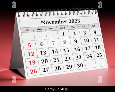 Nvember 2023. Una pagina del calendario mensile annuale del business desk. rendering 3d. Foto Stock