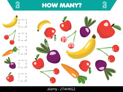 Calcolo per i bambini, quante verdure, gioco di pensiero libro Ottimizzazione matematica Foglio di lavoro per i bambini in età prescolare. Illustrazione Vettoriale