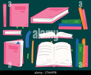 Vettoriale di libri, libri in posizioni diverse sul tavolo, segnalibri, documentazione, illustrazione vettoriale piatta a colori in stile piatto. libri di scuola, libri di biblioteca Illustrazione Vettoriale