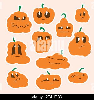 Simpatici adesivi di zucca, bontà emotiva, tristezza, divertimento. Zucche di Halloween, grafica vettoriale, per bambini, Illustrazione Vettoriale