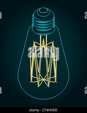 Illustrazione vettoriale stilizzata del progetto isometrico di una lampada a LED con filamento di carbonio visibile Illustrazione Vettoriale