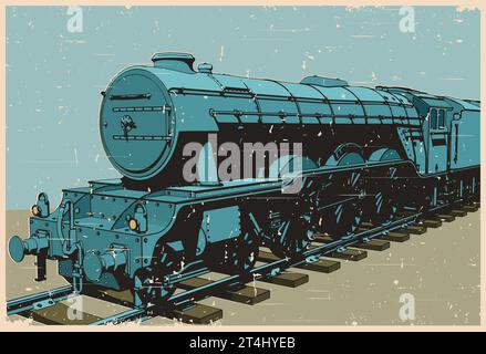 Illustrazione vettoriale stilizzata di una locomotiva a vapore in stile retro poster Illustrazione Vettoriale