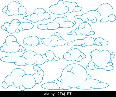 Set di nuvole bianche con una linea blu su sfondo trasparente grafica vettoriale, elementi di design per packaging e design tessile, elementi naturali Illustrazione Vettoriale