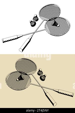 Illustrazioni vettoriali stilizzate di racchette e rubinetti per giocare a badminton Illustrazione Vettoriale