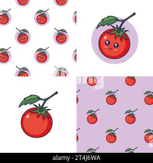 Set di simpatici motivi di pomodoro Kawaii. Icona cibo e verdura piatto. Motivi di pomodoro rosso senza cuciture Cartoon. Illustrazione vettoriale disegnata a mano. Modelli per bambini Illustrazione Vettoriale