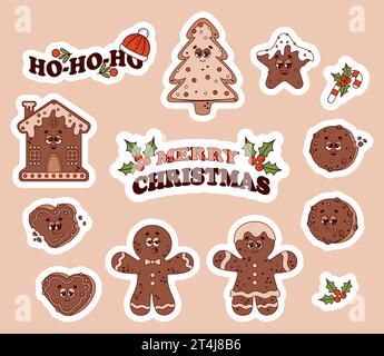 Set di adesivi natalizi con personaggi dei cartoni animati retrò. Gingerbread uomo e ragazza, casa, albero di Natale, stella e biscotti. Elemen vettoriali isolati Illustrazione Vettoriale