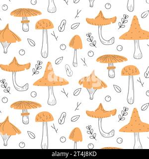 modella i funghi in stile piatto con linee, su sfondo bianco, stampa Illustrazione Vettoriale