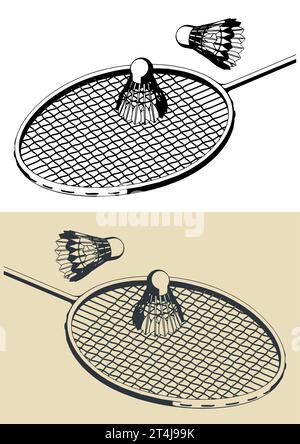 Illustrazioni vettoriali stilizzate di racchette e rubinetti per giocare a badminton da vicino Illustrazione Vettoriale