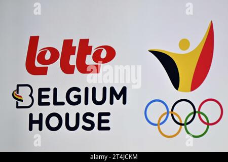 ATTENZIONE REDATTORI - EMBARGO IN PUBBLICAZIONE FINO AL 2 NOVEMBRE 2023 alle ore 00:01 la foto mostra una conferenza stampa del Team Belgium sui preparativi per le Olimpiadi del prossimo anno a Parigi, in Francia, giovedì 26 ottobre 2023. Durante questa conferenza stampa, sono stati presentati la campagna Paris 2024 del Team Belgium e l'ambasciatore musicale del Team Belgium. BELGA PHOTO ERIC LALMAND Foto Stock