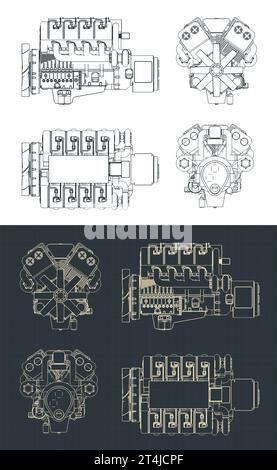 Illustrazioni vettoriali stilizzate di progetti di motori turbo diesel Illustrazione Vettoriale