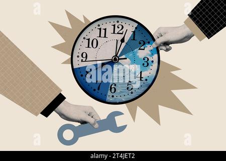 Modello composito creativo collage fotografico di mani chiave per la riparazione dell'orologio che mostra un orario errato isolato su sfondo beige Foto Stock