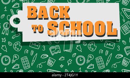 banner ritorno a scuola su sfondo verde, concept tschebі, font arancione, ritorno a scuola, per social media, illustrazione vettoriale per la scuola, doodle illu Illustrazione Vettoriale