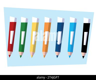 matite colorate, grafica vettoriale stile piatto, disegno semplice, rosso giallo, blu, giallo, arancione, matita ciano. Ufficio scolastico Illustrazione Vettoriale