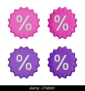 Etichetta vettoriale 3D con segno di percentuale. Simbolo di sconto bianco sull'etichetta rosa e viola. Promozione, vendita, pubblicità oggetti di design isolati su un bac bianco Illustrazione Vettoriale