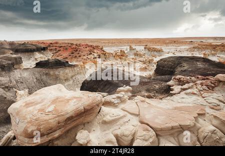 Insoliti paesaggi desertici nelle terre di Bisti, De-na-zin zona selvaggia, New Mexico, Stati Uniti Foto Stock