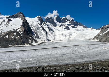 Vista dal campo di ghiaccio di Konkordiaplatz sul ghiacciaio dello Jungfraufirn fino alla cima dello Jungfrau, all'area di Aletsch, al Grindelwald, all'Oberland Bernese, in Svizzera Foto Stock