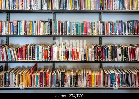 Scaffali colorati in una biblioteca pubblica Foto Stock