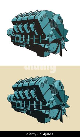 Illustrazioni vettoriali stilizzate del motore turbo diesel Illustrazione Vettoriale