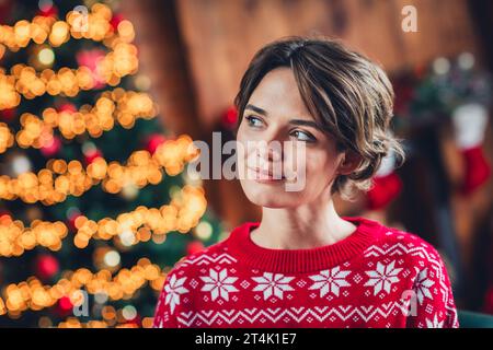 Ritratto di una bella ragazza con i capelli castani indossa un brutto maglione rosso che sogna un Natale magico di ghirlanda isolato sullo sfondo della casa Foto Stock