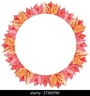Composizione acquerello, corona con fiori di magnolia rosa e alstroemeria. Illustrazione botanica disegnata a mano con fiori giapponesi in cerchio per la carta Foto Stock