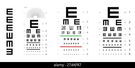 Set di e chart Eye test Chart tumbling Medical Illustration. Contorno stile di schizzo vettoriale di linea isolato su sfondo bianco. Pannello ottico oftalmico per il controllo degli esami Illustrazione Vettoriale