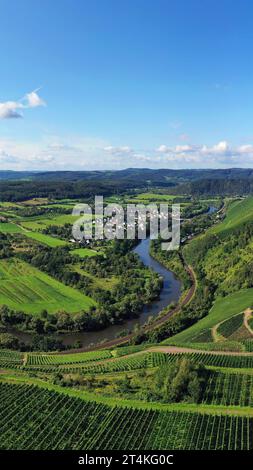 Wiltinger Saarbogen. Il fiume si snoda attraverso la valle ed è circondato da vigneti e foreste verdi. Kanzem, Renania-Palatinato, Germania. Foto Stock