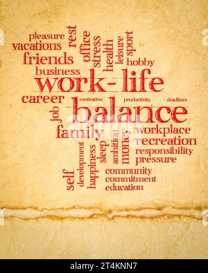 work life balance word cloud on art paper, career and lifestyle concept, poster verticale Foto Stock